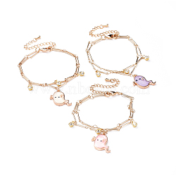 Brass Multi-strand Charm Bracelets, with Alloy Enamel Pendants and Brass Rhinestone Findings, Halloween Ghost, Real 18K Gold Plated, Mixed Color, 6-1/2 inch(16.5cm)(BJEW-JB04499)