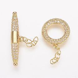 Brass Micro Pave Cubic Zirconia Ring Toggle Clasps, Golden, Ring: 15x13x2mm, Bar: 6x27x4mm.(ZIRC-P050-11G)