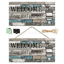 Natural Wood Hanging Wall Decorations for Toilets Home Decorations, with Jute Twine, Rectangle with Word Welcome Please Seat Yourself, Gray, 29.2x15.1x0.3cm(HJEW-CN0001-08)