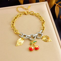 Duo Tone 304 Stainless Steel Enamel Red Cherry Leaf Charm Bracelets for Women, Golden & Stainless Steel Color, 7.36 inch(18.7cm)(SA-CBA717A-05G)