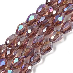 Transparent Electroplate Glass Beads Strands, AB Color Plated, Faceted, Teardrop, Rosy Brown, 15x10mm, Hole: 1.6mm, about 46~48pcs/strand, 27.95''(71cm)(EGLA-N013-T10mm-B02)