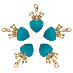 5Pcs Eco-Friendly Brass Micro Pave Cubic Zirconia Pendants, with Enamel & Jump Ring, Real 18K Gold Plated, Long-Lasting Plated, Heart & Crown, Dark Turquoise, 25x14.5x4mm, Hole: 3.6mm(ZIRC-SZ0003-08C)