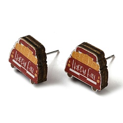 Wood Stud Earrings, with 316 Surgical Stainless Steel Pin, Thanksgiving Theme, Silver, Dark Red, Car, 12.5x15mm(EJEW-Z054-01J)