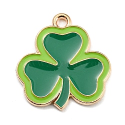 Saint Patrick's Day Alloy Enamel Pendants, Light Gold, Clover Charm, Green, 22x20.5x1.5mm, Hole: 2mm(ENAM-G222-01E-04)