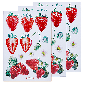PVC Self Adhesive Fruit Decorative Stickers, Waterproof Decals, Rectangle, Strawberry, 292x197x0.3mm, Strawberry: 27~80x27~110mm, 3 sheets/set