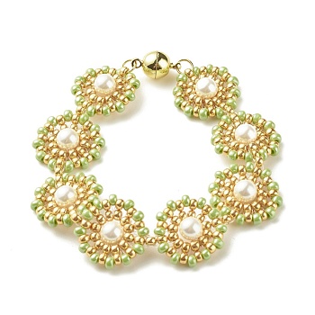 Shell Pearl Flower Link Bracelet, Glass Seed Braided Bracelet with Brass Magnetic Clasp for Women, Golden, Green Yellow, 7-1/2 inch(19cm)