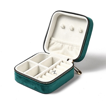 Square Velvet Jewelry Zipper Boxes, Portable Travel Jewelry Storage Case with Alloy Zipper, for Earrings, Rings, Necklaces, Bracelets Storage, Teal, 10x9.5x4.7cm