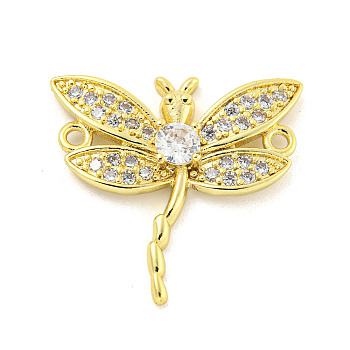 Rack Plating Brass Pave Clear Cubic Zirconia Dragonfly Connector Charms, Cadmium Free & Lead Free, Long-Lasting Plated, Real 18K Gold Plated, 23x24x3.5mm, Hole: 1.5mm