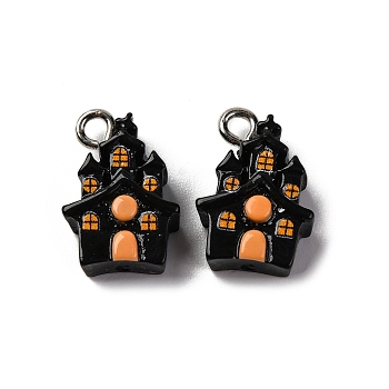 Halloween Theme Opaque Resin Pendants, with Platinum Plated Iron Loops, Haunted House/Castle, 16x11x5mm, Hole: 2mm