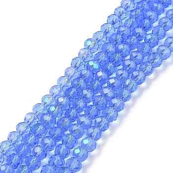 Electroplate Glass Beads Strands, Half Rainbow Plated, Faceted, Rondelle, Cornflower Blue, 6x5mm, Hole: 1mm, about 83~85pcs/strand, 38~39cm
