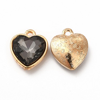 Faceted Glass Rhinestone Pendants, with Golden Tone Zinc Alloy Findings, Heart Charms, Dark Gray, 16.5x14x6.5mm, Hole: 1.6mm