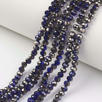 Electroplate Transparent Glass Beads Strands, Half Black Plated, Faceted, Rondelle, Marine Blue, 6x5mm, Hole: 1mm, about 85~88pcs/strand, 16.1~16.5 inch(41~42cm)