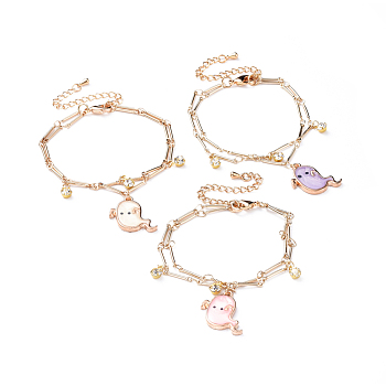 Brass Multi-strand Charm Bracelets, with Alloy Enamel Pendants and Brass Rhinestone Findings, Halloween Ghost, Real 18K Gold Plated, Mixed Color, 6-1/2 inch(16.5cm)