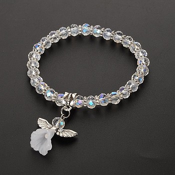 Angel Glass Beaded Acrylic Charm Bracelets, with Tibetan Style Alloy Beads, Lovely Wedding Dress Angel Dangle, Antique Silver, Clear, 48mm