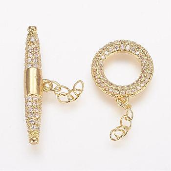 Brass Micro Pave Cubic Zirconia Ring Toggle Clasps, Golden, Ring: 15x13x2mm, Bar: 6x27x4mm.