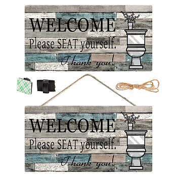 Natural Wood Hanging Wall Decorations for Toilets Home Decorations, with Jute Twine, Rectangle with Word Welcome Please Seat Yourself, Gray, 29.2x15.1x0.3cm