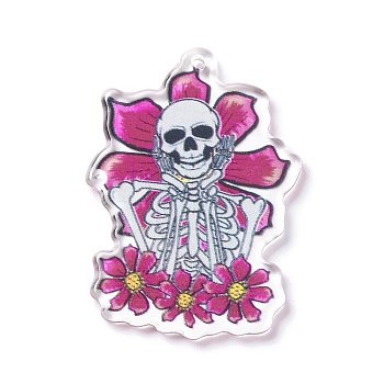 Halloween Printed Acrylic Pendants, Skeleton with Flower Charm, Hot Pink, 42.5x30x2.5mm, Hole: 1.8mm