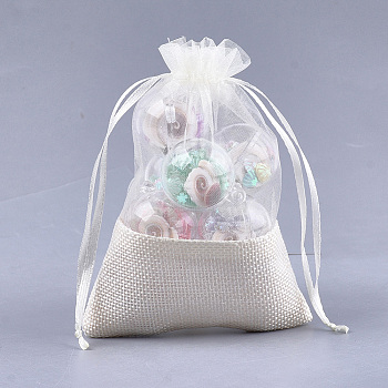 Organza Bags, with Burlap Cloth, Drawstring Bags, Rectangle, Creamy White, 17~18x12.4~13cm