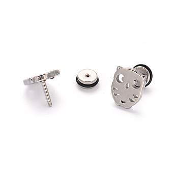 304 Stainless Steel Owl Earlobe Plugs, Screw Back Earrings, Hypoallergenic Earrings, Stainless Steel Color, 12x10mm, Pin: 1mm