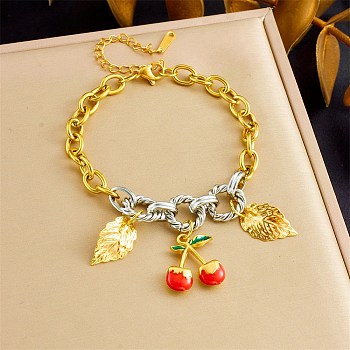 Duo Tone 304 Stainless Steel Enamel Red Cherry Leaf Charm Bracelets for Women, Golden & Stainless Steel Color, 7.36 inch(18.7cm)