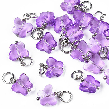 Faceted Transparent Glass Charms, with Iron Jump Ring, Butterfly, Medium Purple, 13~14x9.8x6mm, Hole: 4mm