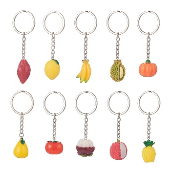 Fruit & Vegatable Resin Pendant Keychain, with Iron Split Key Rings, Mixed Color, 7.5~9.2cm, 10pcs/set