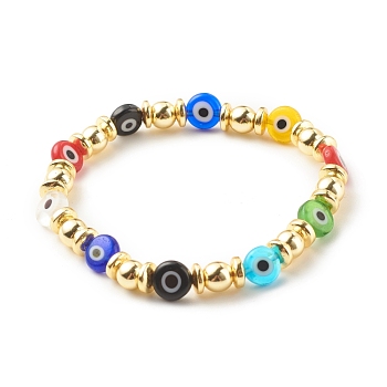 Flat Round with Evil Eye Lampwork Stretch Bracelet with Synthetic Hematite, Gemstone Jewelry for Women, Colorful, Inner Diameter: 2-1/8 inch(5.5cm)