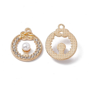 Alloy Rhinestones Pendants, Ring with ABS Plastic Imitation Pearl Beaded Charms, Golden, 21.7x18x5mm, Hole: 1.8mm