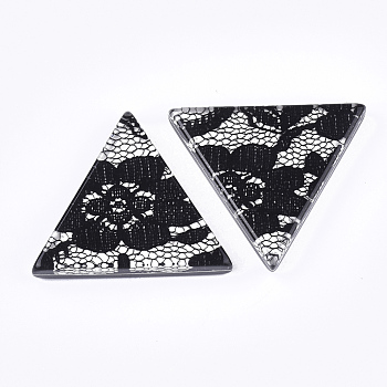 Resin Cabochons, with Lace Inside, Triangle, Black, 36.5x41x7.5mm
