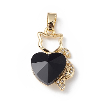 Real 18K Gold Plated Rack Plating Brass Micro Pave Clear Cubic Zirconia Pendants, with Glass, Long-Lasting Plated, Cadmium Free & Lead Free, Cat with Heart Charm, Black, 24x15x8mm, Hole: 5x3mm