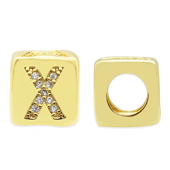 Brass Micro Pave Clear Cubic Zirconia European Beads, Cube with Letter, Letter.X, 8.5x8.5x8.5mm, Hole: 5mm, 3pcs/bag