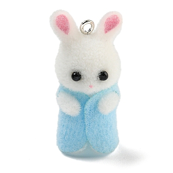 Flocking Resin Cute Pendants, Rabbit Charms with Platinum Plated Iron Loops, Light Sky Blue, 38x17x15mm, Hole: 2mm