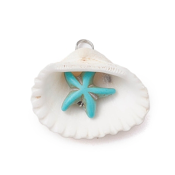 Summer Beach Natural Shell Pendants, Dyed Synthetical Turquoise Star Charms, Platinum, Dark Turquoise, 25~30x27~35x12~15mm, Hole: 4~4.5mm