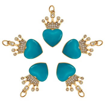 5Pcs Eco-Friendly Brass Micro Pave Cubic Zirconia Pendants, with Enamel & Jump Ring, Real 18K Gold Plated, Long-Lasting Plated, Heart & Crown, Dark Turquoise, 25x14.5x4mm, Hole: 3.6mm