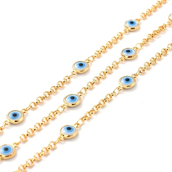 Handmade Brass Rolo Chains, with Enamel, Real 18K Gold Plated, Unwelded, Flat Round with Evil Eye, with Spool, Deep Sky Blue, Link: 11.5x6.5x2.5mm, 3x1mm