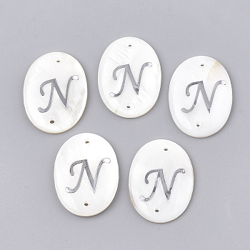Freshwater Shell Links connectors, with Brass Findings, Oval with Letter, Letter.N, 25.5x19x3mm, Hole: 1.2mm