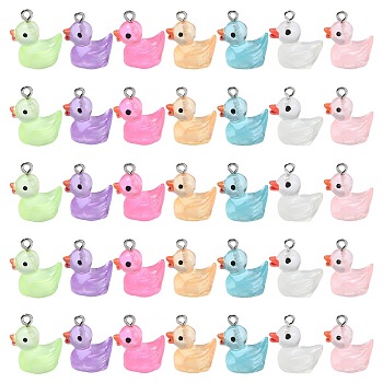 35Pcs 7 Styles Luminous Transparent Resin Pendants, Duck Charms, with Platinum Tone Iron Findings, Mixed Color, 18~20x17~18x12mm, Hole: 2mm, 5pcs/style