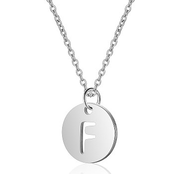 201 Stainless Steel Initial Pendants Necklaces, with Cable Chains, Flat Round with Letter, Stainless Steel Color, Letter.F, 16.3 inch(40cm), 1mm