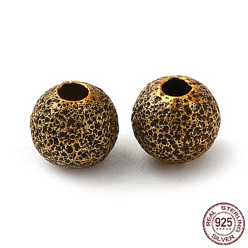 925 Sterling Silver Beads, Textured Round, Antique Golden, 4mm, Hole: 1.8mm