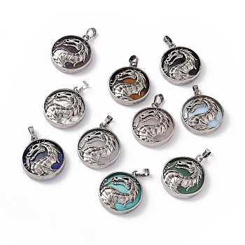 Natural & Synthetic Mixed Gemstone Pendants, Flat Round Charms with Rack Plating Antique Silver Tone Brass Dragon, Cadmium Free & Lead Free, Mixed Dyed and Undyed, 32x28x7.5mm, Hole: 8.5x5mm