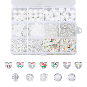 178Pcs 12 Style Transparent Acrylic Beads, with Glitter Beads, Heart with Flower & Cube & Round & Bicone, Mixed Color, 10~14mm, Hole: 1.5~2mm