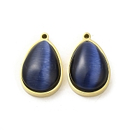 304 Stainless Steel Pendants, with Cat Eye, Real 14K Gold Plated, Teardrop, Royal Blue, 22x14x7.4mm, Hole: 1.4mm(STAS-L022-045G-07)