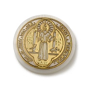 Religion Natural White Shell Cabochons, with Gold Foil, Flat Round with Saint Benedict, Gold, 20x2.5mm(SSHEL-M022-10B)