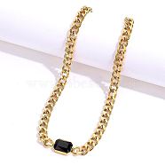 Cubic Zirconia Rectangle Pendant Necklace, with Golden Stainless Steel Cuban Link Chains, Black, 18.90 inch(48cm)(MR3032-3)