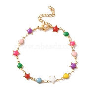 Enamel Star & Heart Link Chain Bracelet, Vacuum Plating 304 Stainless Steel Jewelry for Women, Colorful, 7-1/8 inch(18cm)(BJEW-H585-02G)