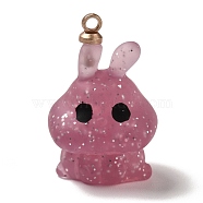 Halloween Theme Translucent Resin Pendants, with Light Gold Tone Alloy Findings, Rabbit with Glitter, Pale Violet Red, 20.5x13.5x12.5mm, Hole: 1.5mm(CRES-B005-03B)