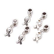 Alloy European Dangle Charms, Breast Cancer Awareness Ribbon, Antique Silver, 30mm, Hole: 5mm(X-PALLOY-JF00001-03)