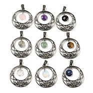 Natural & Synthetic Mixed Gemstone Faceted Octagon Pendants, Antique Silver Tone Rack Plating Alloy Hollow Flat Round Charms, Lead Free & Cadmium Free, 44x40x5mm, Hole: 4.5x6mm(G-K338-17AS)