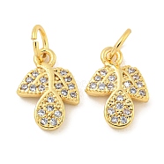 Rack Plating Brass Micro Pave Clear Cubic Zirconia Pendants, Long-Lasting Plated, with Jump Rings, Lead Free & Cadmium Free, Leaf, Real 18K Gold Plated, 11.5x8x2mm, Hole: 3mm(KK-B093-05G)