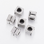 304 Stainless Steel Large Hole Letter European Beads, Cube with Letter.T, Antique Silver, 8x8x8mm, Hole: 5mm(STAS-H428-01AS-T)